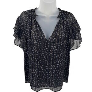 Caballero Black Speckled Squares Geometric Metallic Flutter Blouse Top Womens S